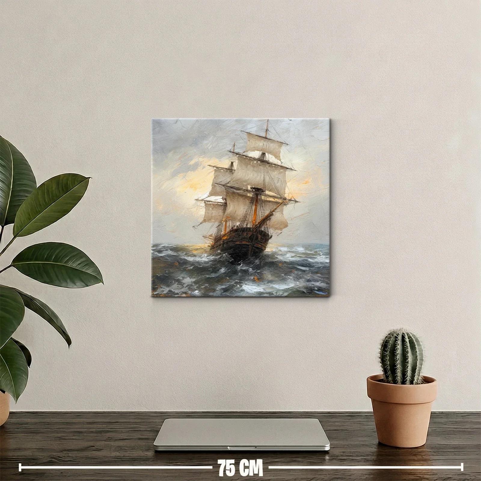 Barco clásico navegando en mar agitado al atardecer — miniatura 2
