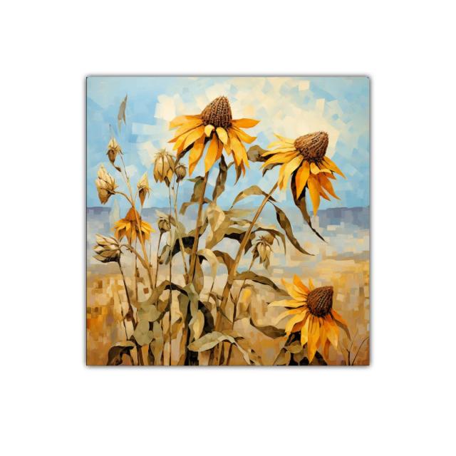 Cuadro decorativo de girasoles con cielo azul y tonos cálidos