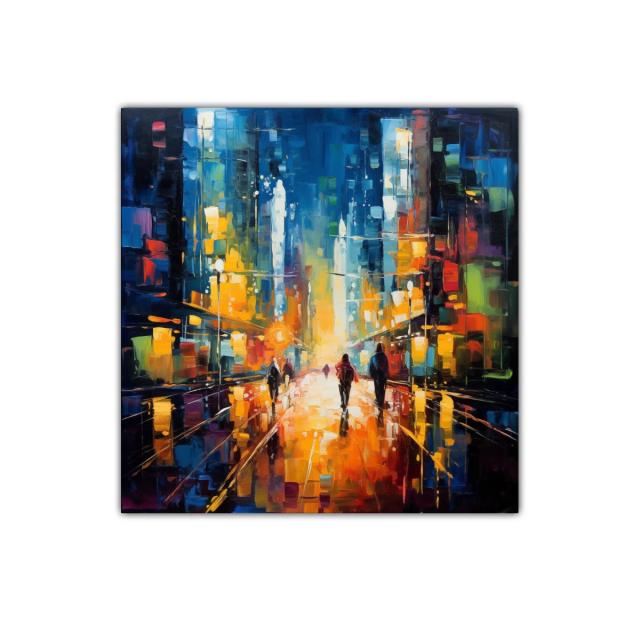 Calle iluminada con siluetas urbanas al atardecer vibrante