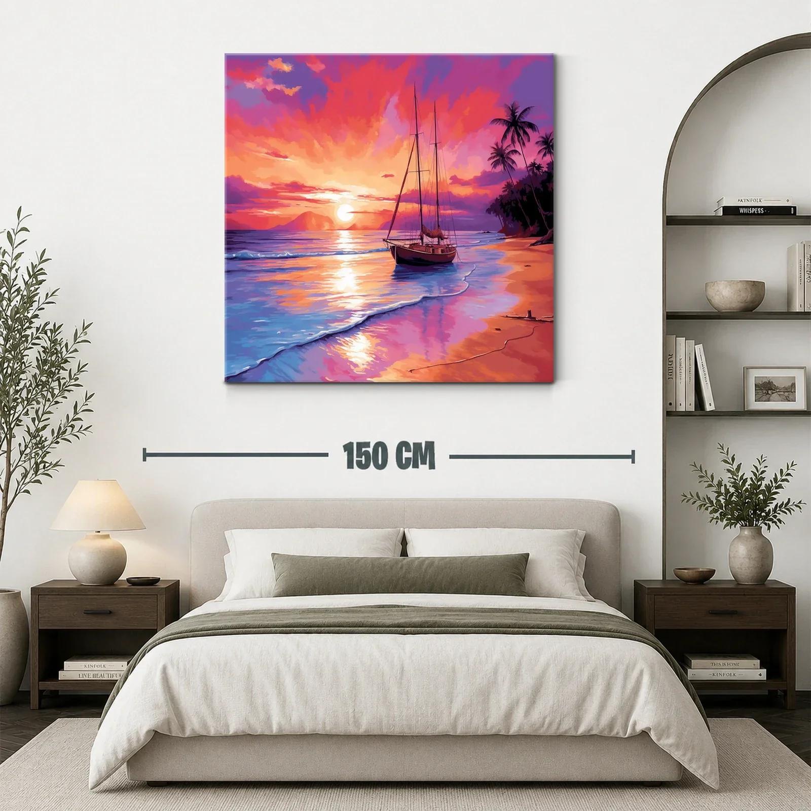 Atardecer vibrante con velero y palmeras en la playa — miniatura 3