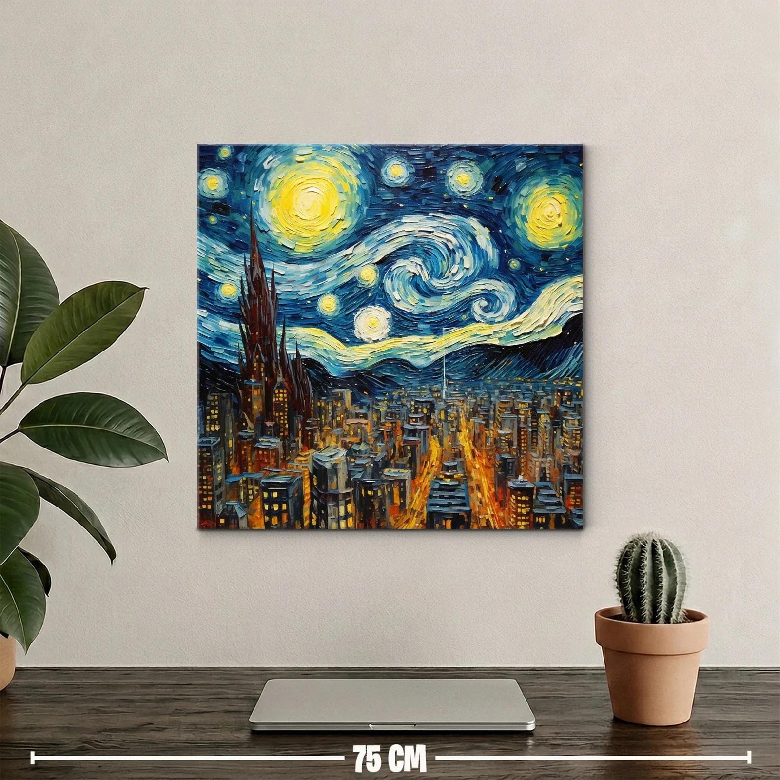 Noche estrellada sobre ciudad iluminada y cielo turbulento — miniatura 2