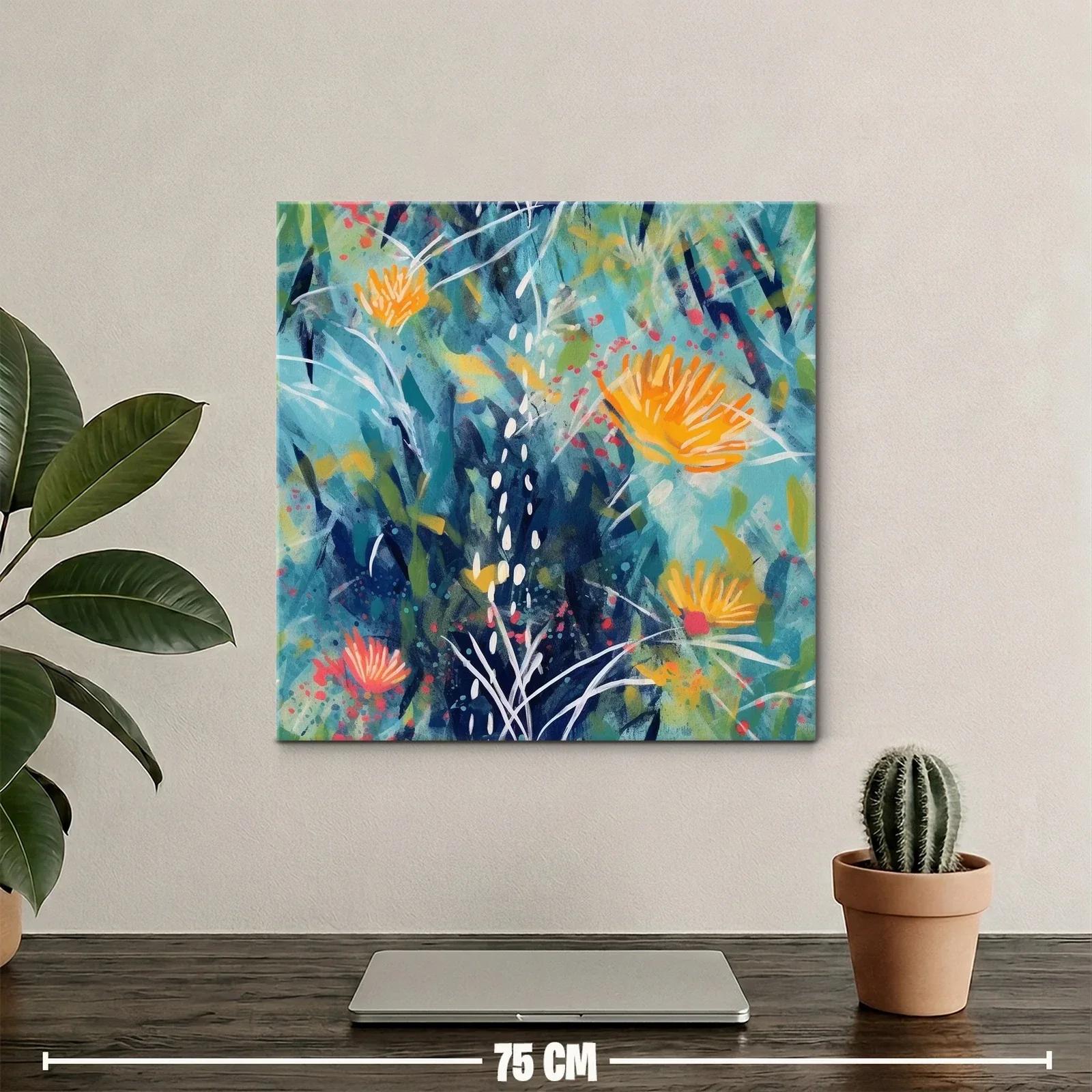Cuadro abstracto floral en tonos azules y naranjas vivos — miniatura 2