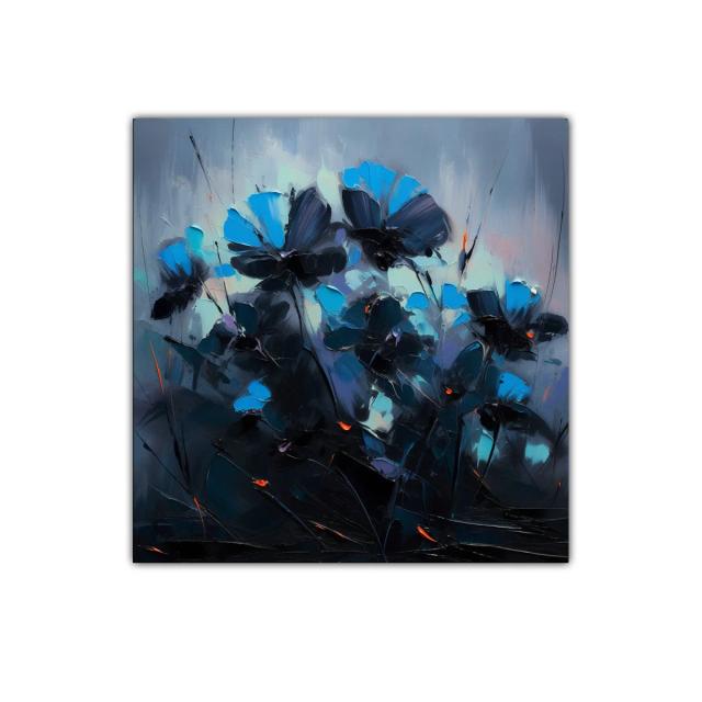 Cuadro decorativo con flores azules en contraste oscuro