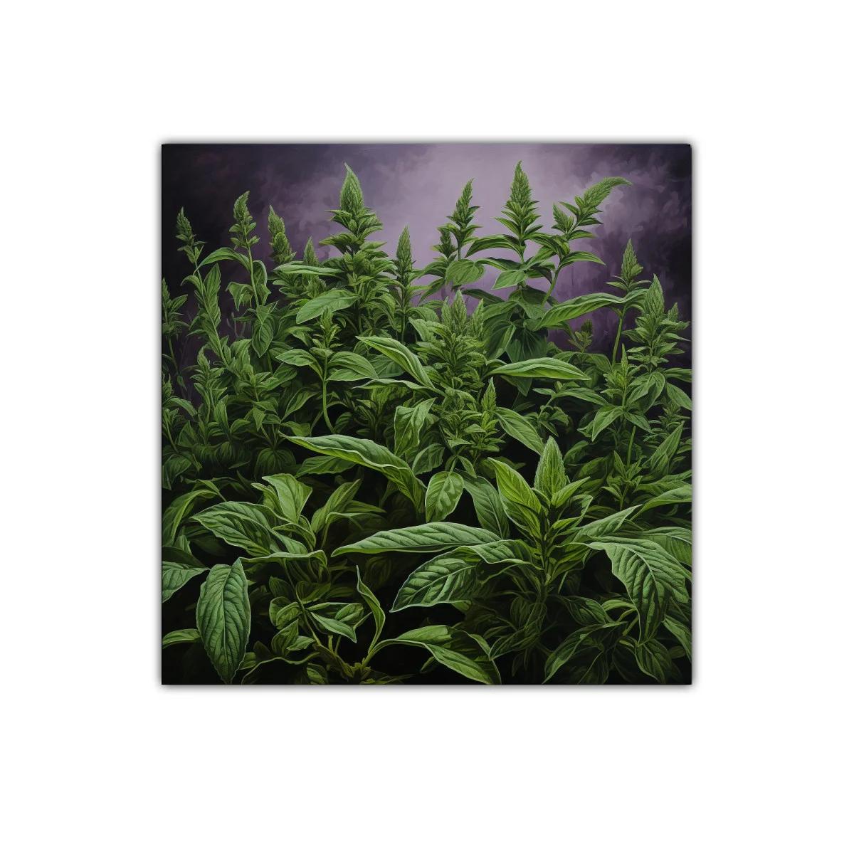 Cuadro decorativo de hojas verdes con fondo púrpura — imagen principal