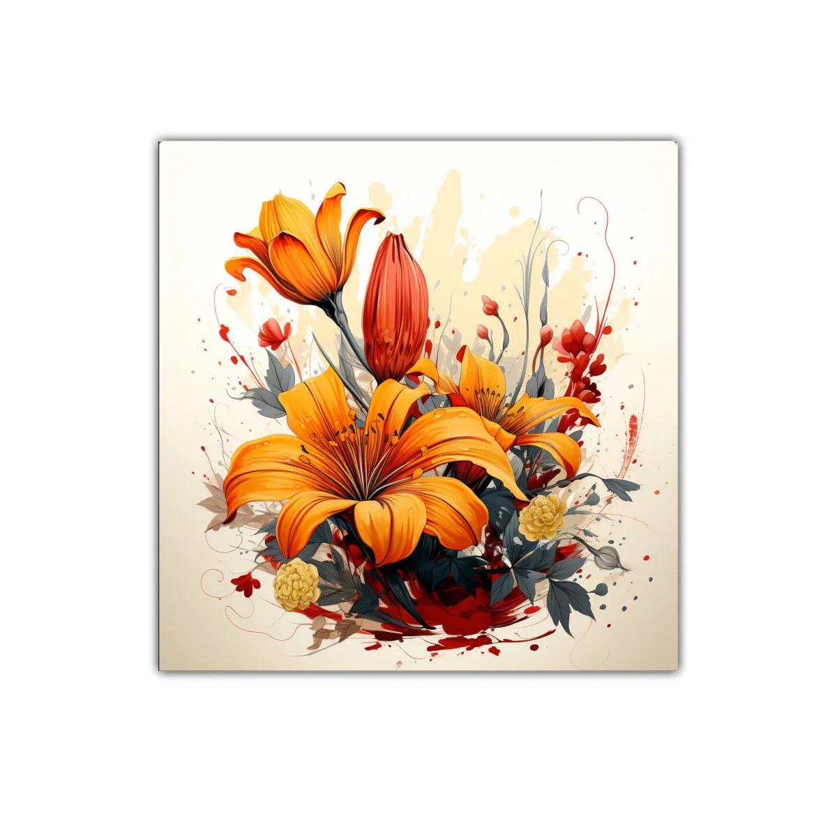 Cuadro decorativo con flores naranjas vibrantes y hojas sombreadas — imagen principal