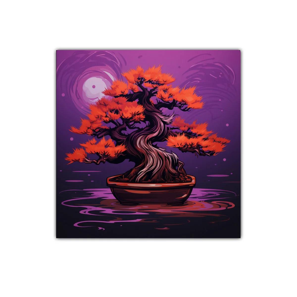 Bonsái vibrante con hojas en tonos cálidos sobre fondo púrpura — imagen principal