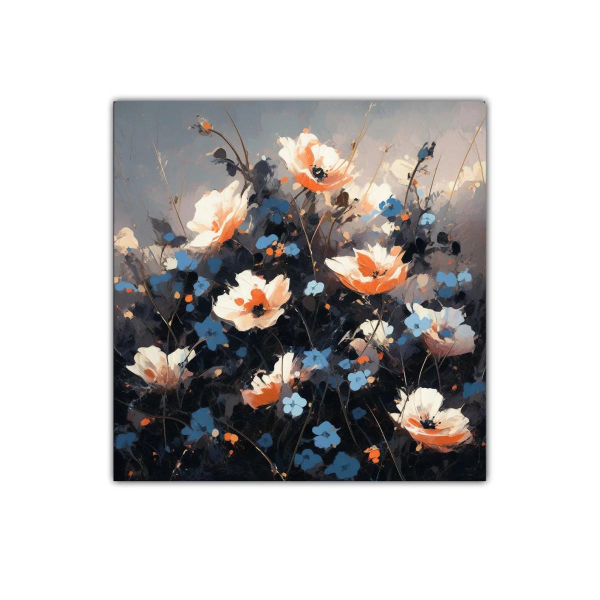 Ramo de flores en tonos azul y naranja vibrante