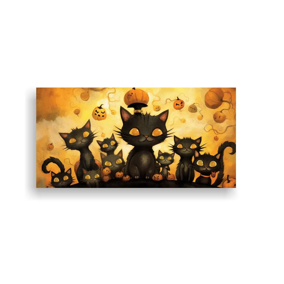Cuadro gatos negros con calabazas y colas curvadas