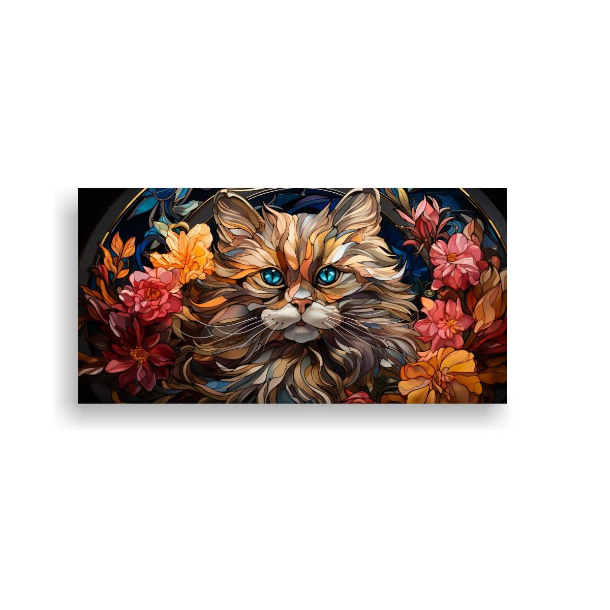 Cuadro gato de pelo largo con flores y fondo oscuro