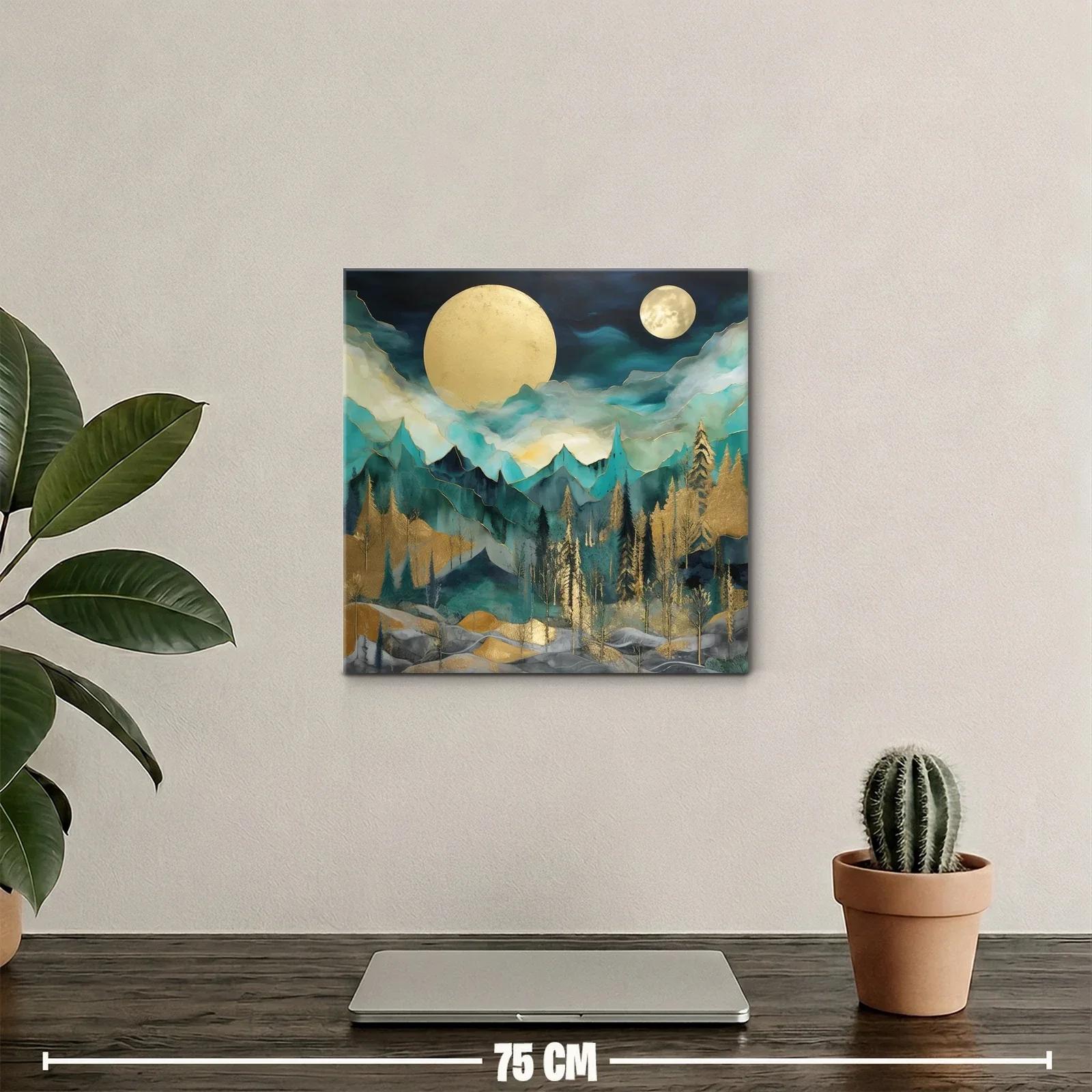 Paisaje nocturno con lunas doradas y montañas azules — miniatura 2