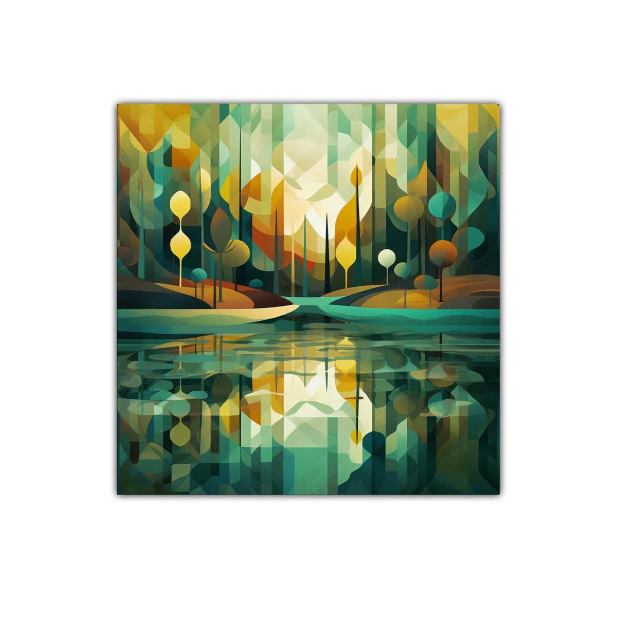 Paisaje abstracto con reflejos en tonos verdes y dorados
