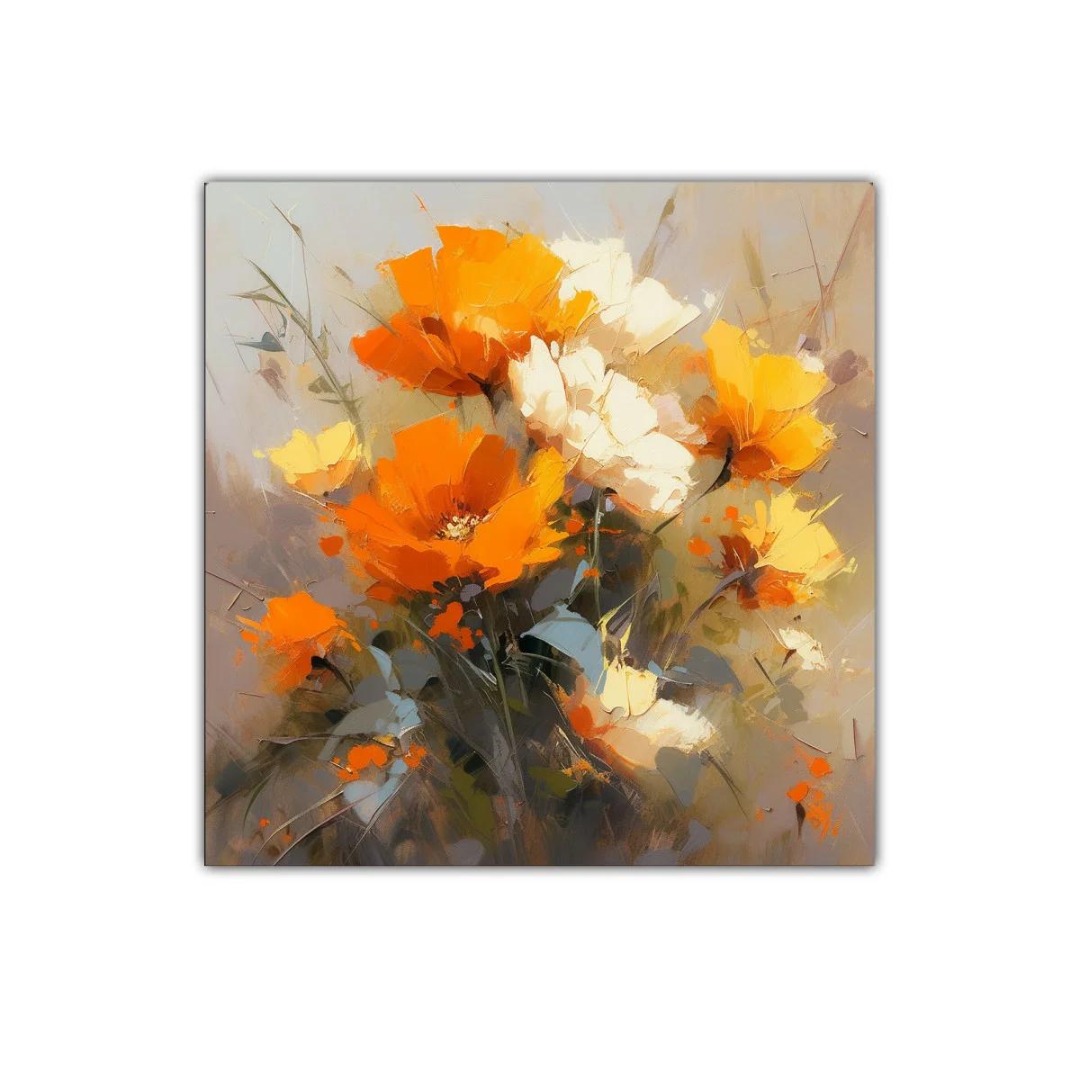 Cuadro decorativo con flores vibrantes en tonos naranjas y blancos