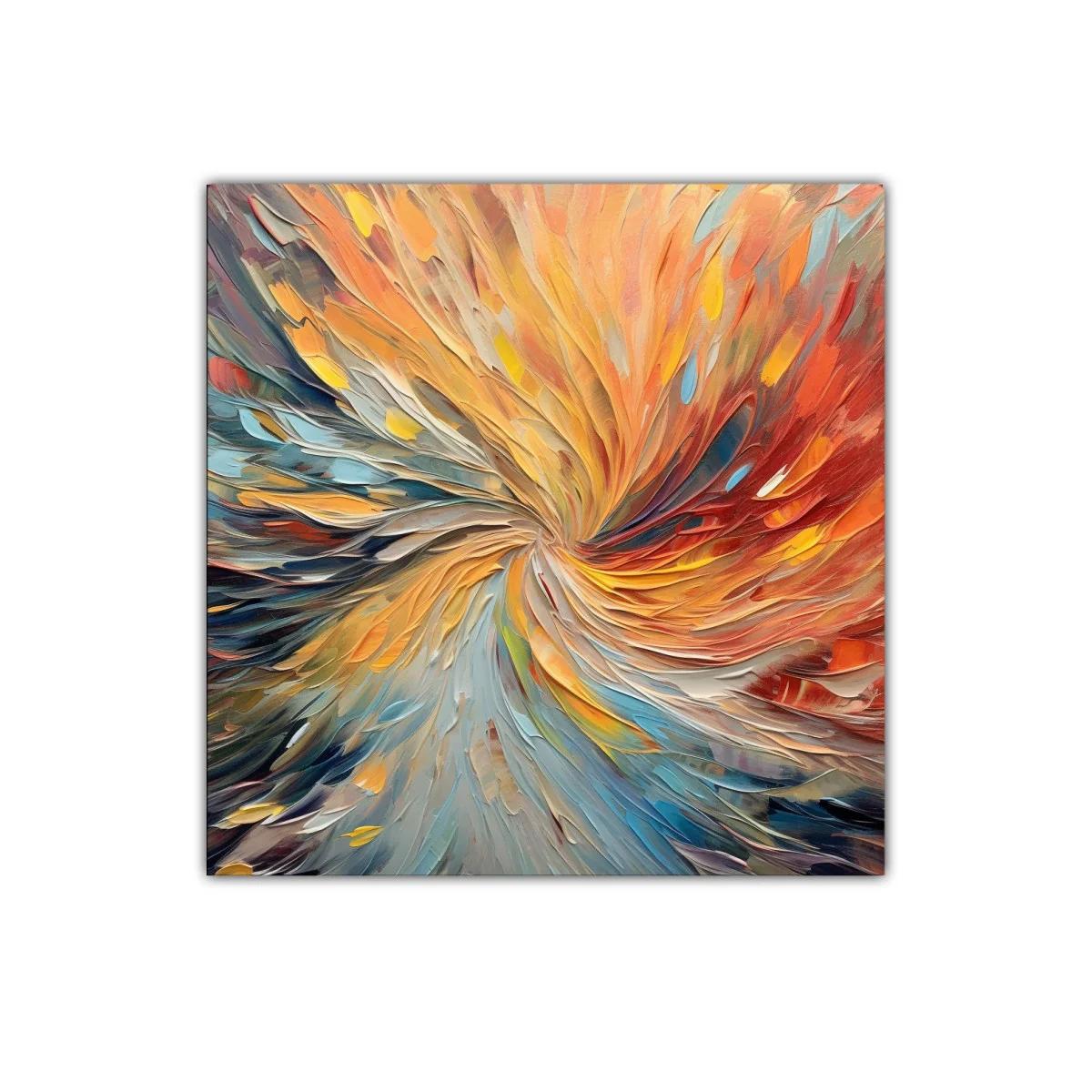 Cuadro abstracto en espiral con tonos cálidos y fríos