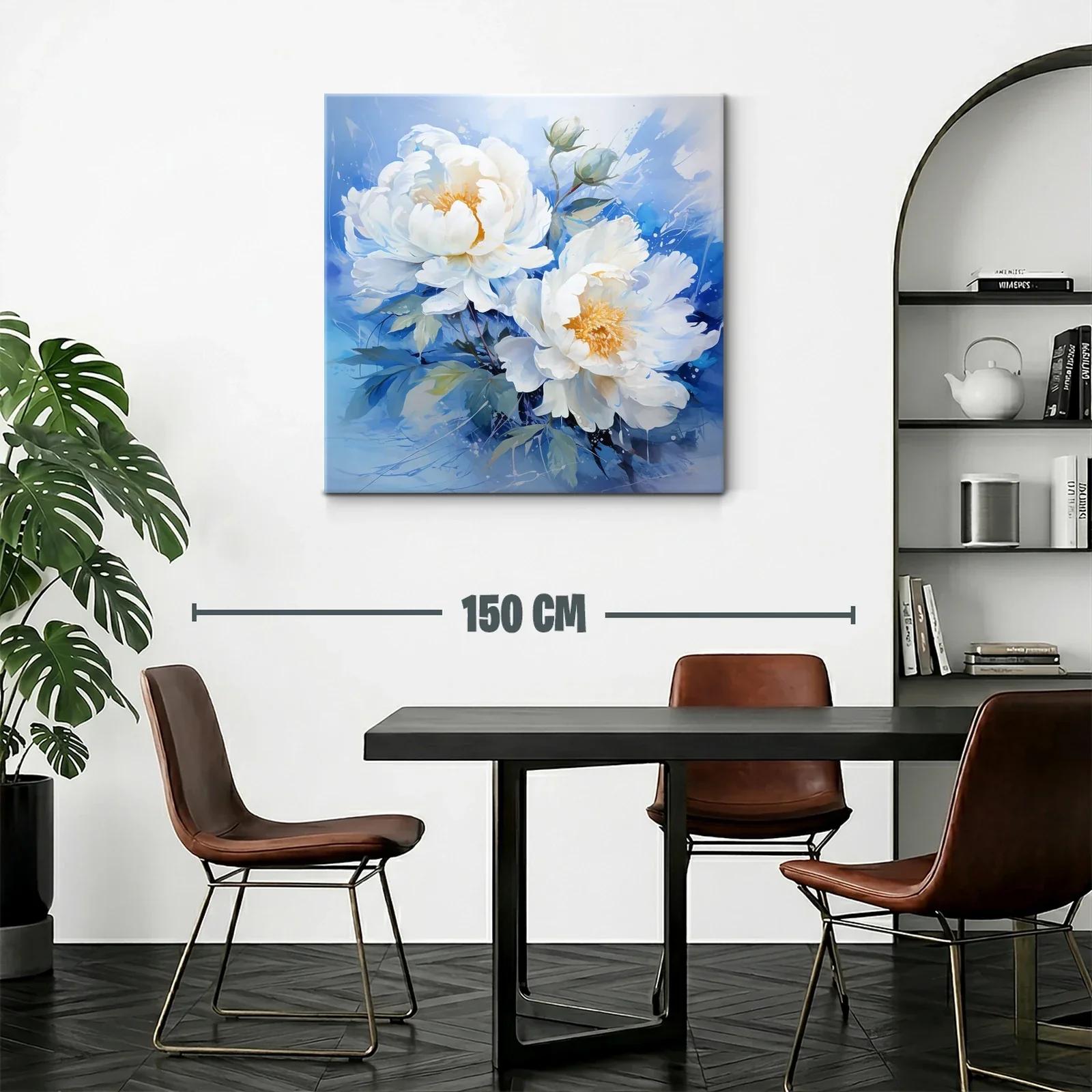 Cuadro floral con peonías blancas sobre fondo azul — miniatura 2