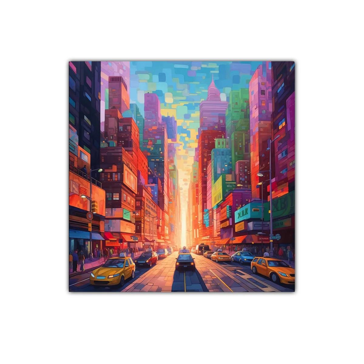 Ciudad vibrante al atardecer con coches y edificios coloridos — imagen principal