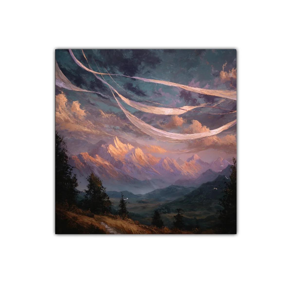 Paisaje montañoso con cielo dramático y nubes cálidas — imagen principal