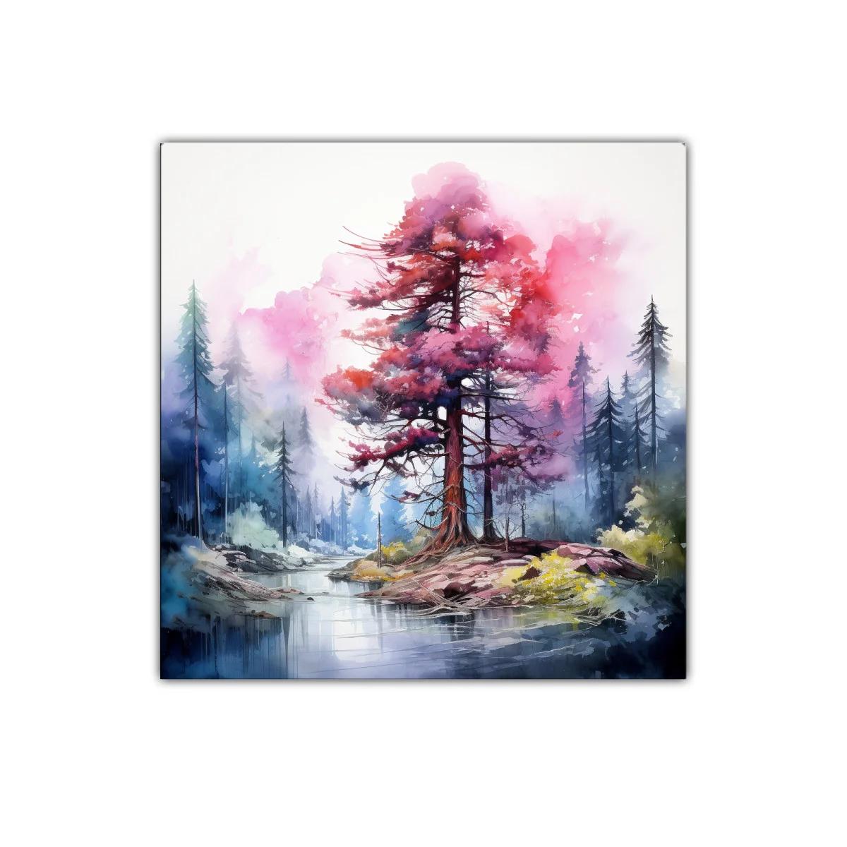 Paisaje onírico con árbol rojizo en isla tranquila