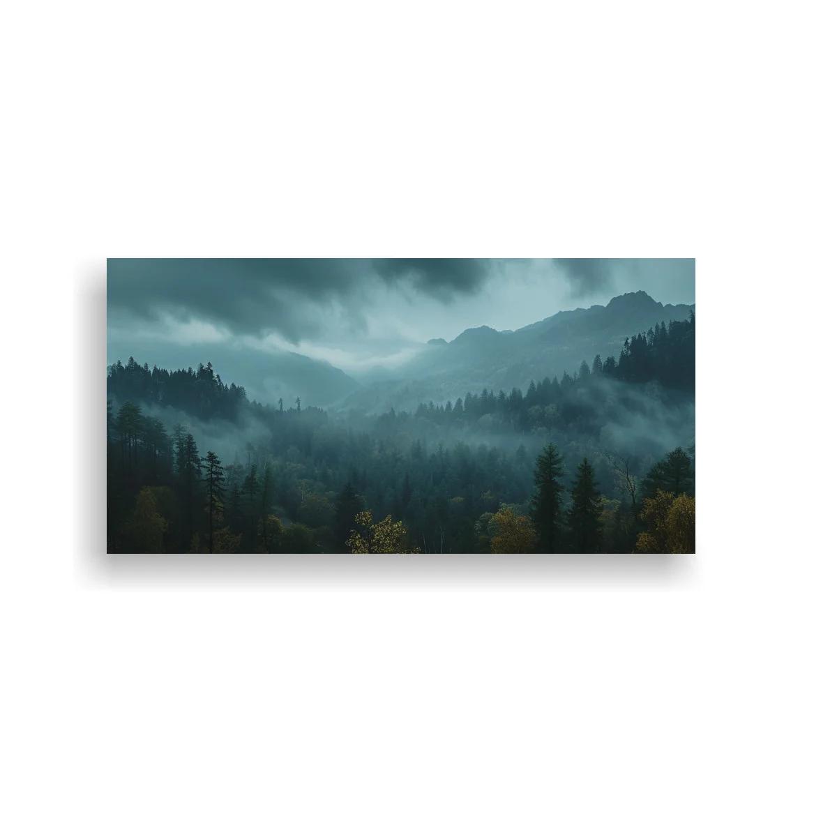 Cuadro paisaje de montaña con bosque y bruma