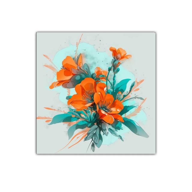 Cuadro floral con vibrante combinación de naranjas y turquesas