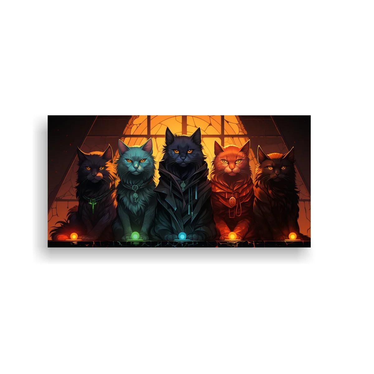 Cuadro cinco gatos de colores frente a una pirámide iluminada