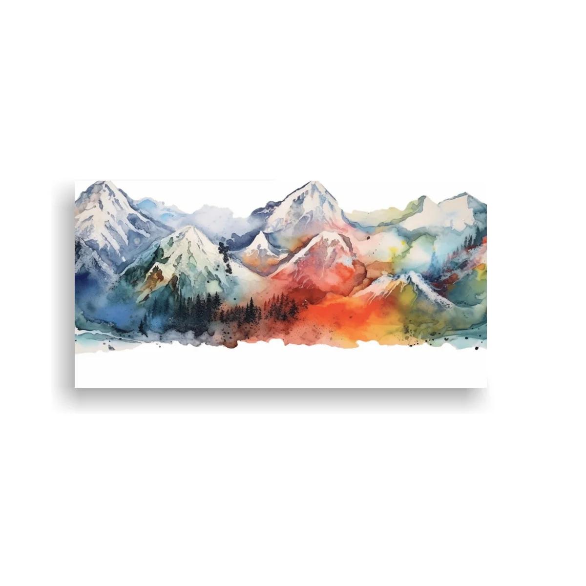 Cuadro cordillera de montañas con acuarela suave y cumbres nevadas