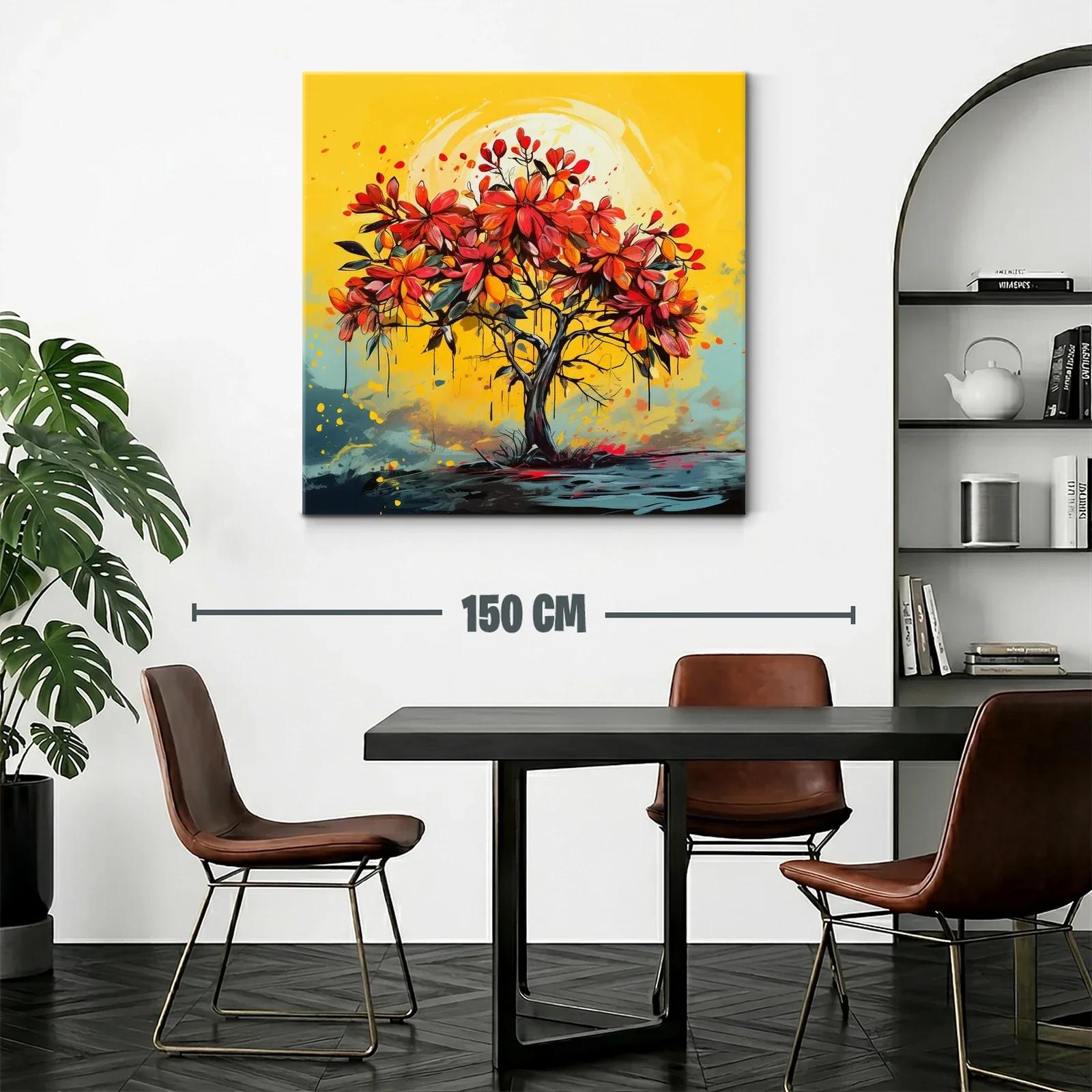 Árbol vibrante con flores rojas sobre fondo amarillo cálido — miniatura 2