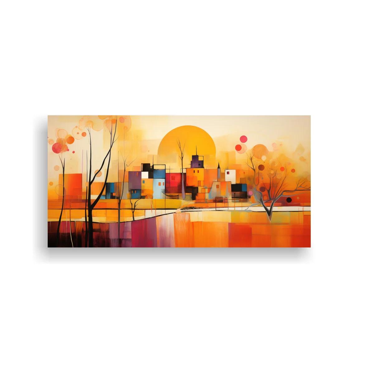 Cuadro paisaje urbano abstracto con gran sol y reflejos amplios