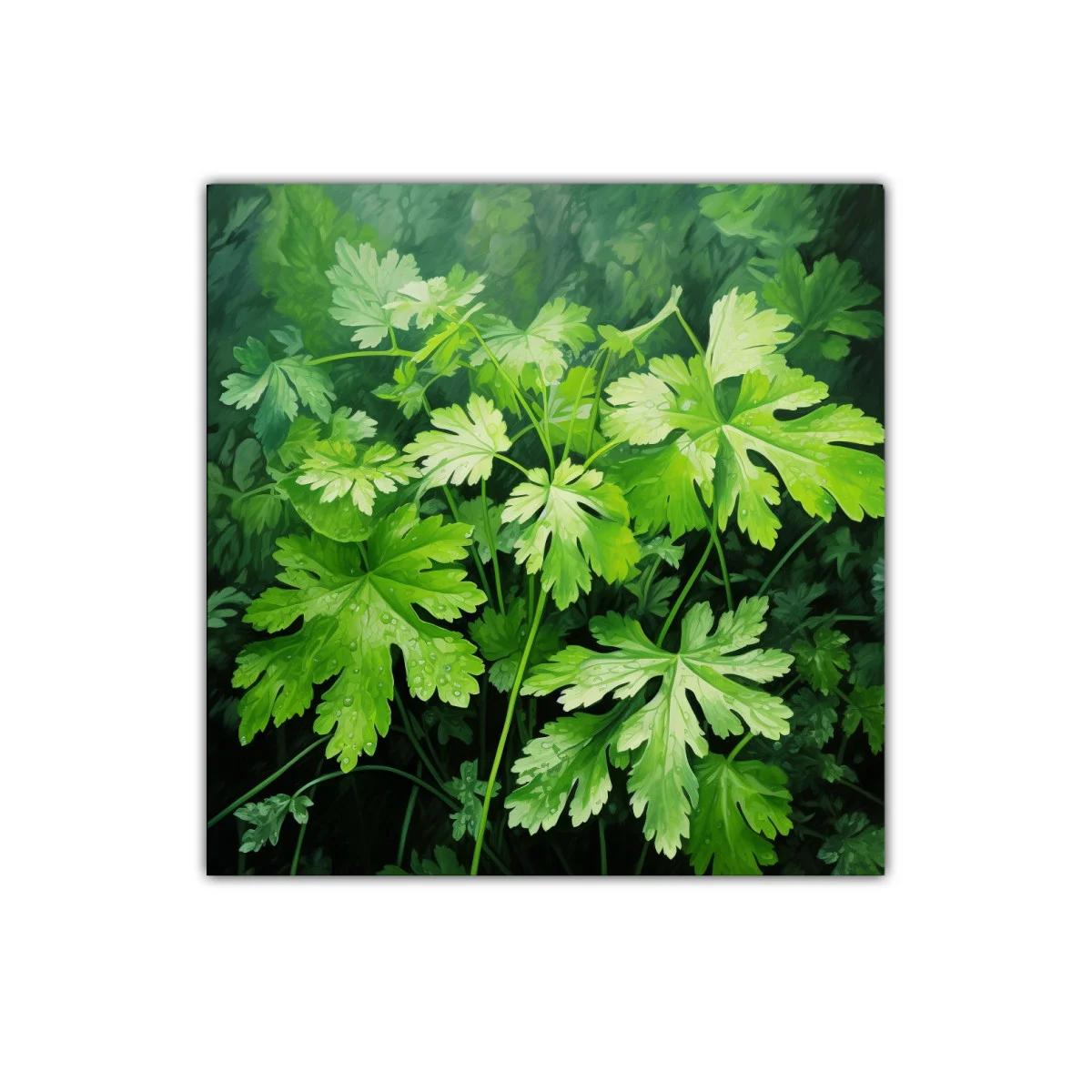 Cuadro decorativo con hojas verdes frescas y gotas de agua — imagen principal