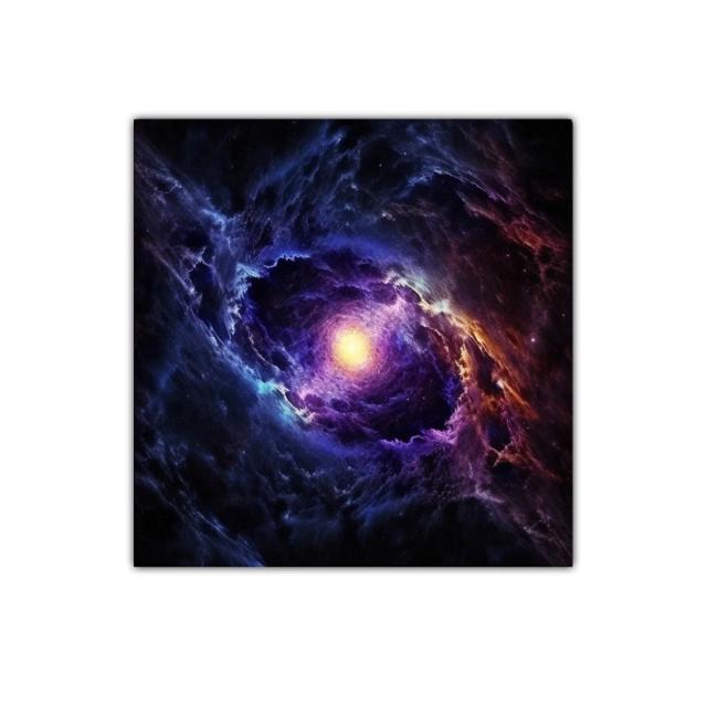 Espiral cósmica con luz central brillante en tonos azules y morados