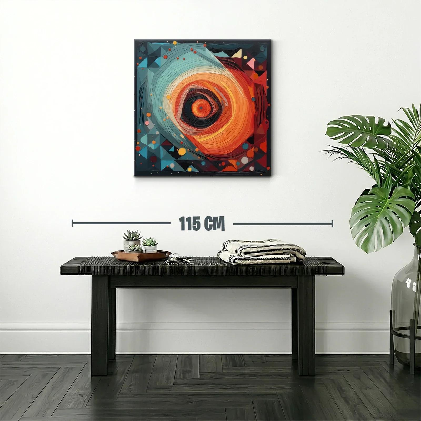 Cuadro abstracto con movimiento circular en tonos cálidos y fríos — miniatura 2