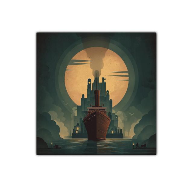 Imponente barco a vapor ante luna gigante y ciudad misteriosa