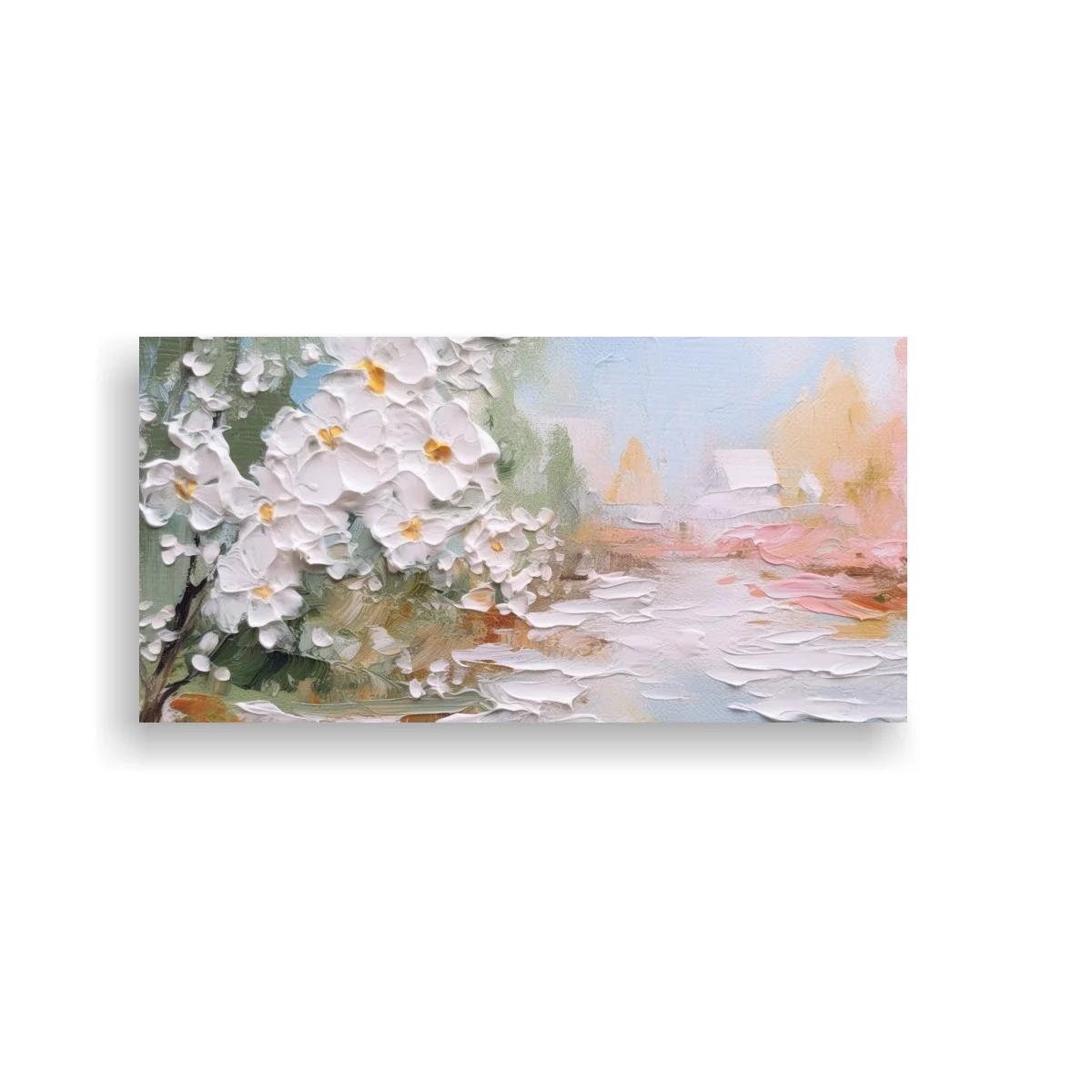 Cuadro flores blancas con casas claras y sendero suave