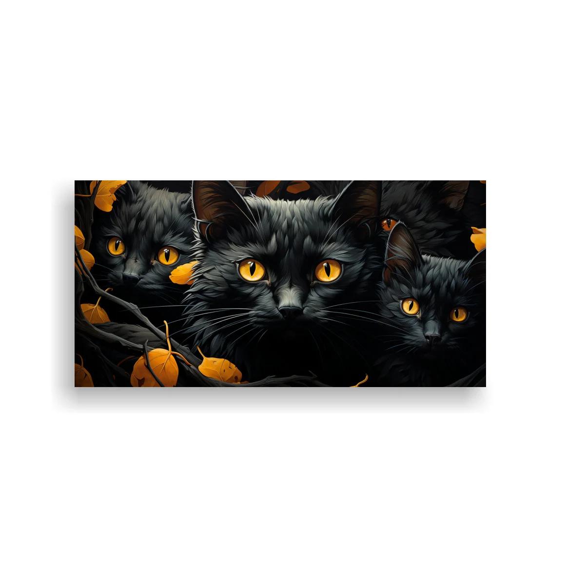 Cuadro tres gatos negros de ojos ámbar emergiendo de un fondo oscuro