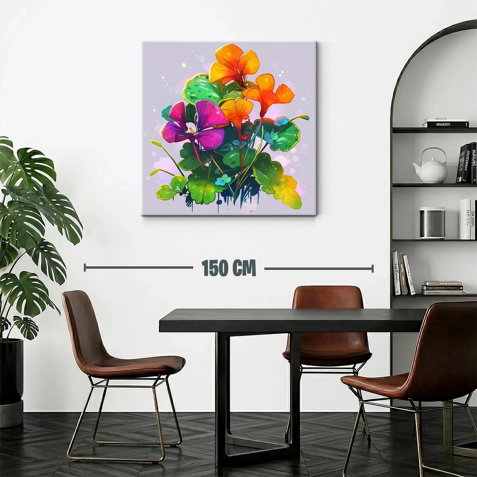 Cuadro floral vibrante con tonos naranjas y púrpuras — miniatura 2