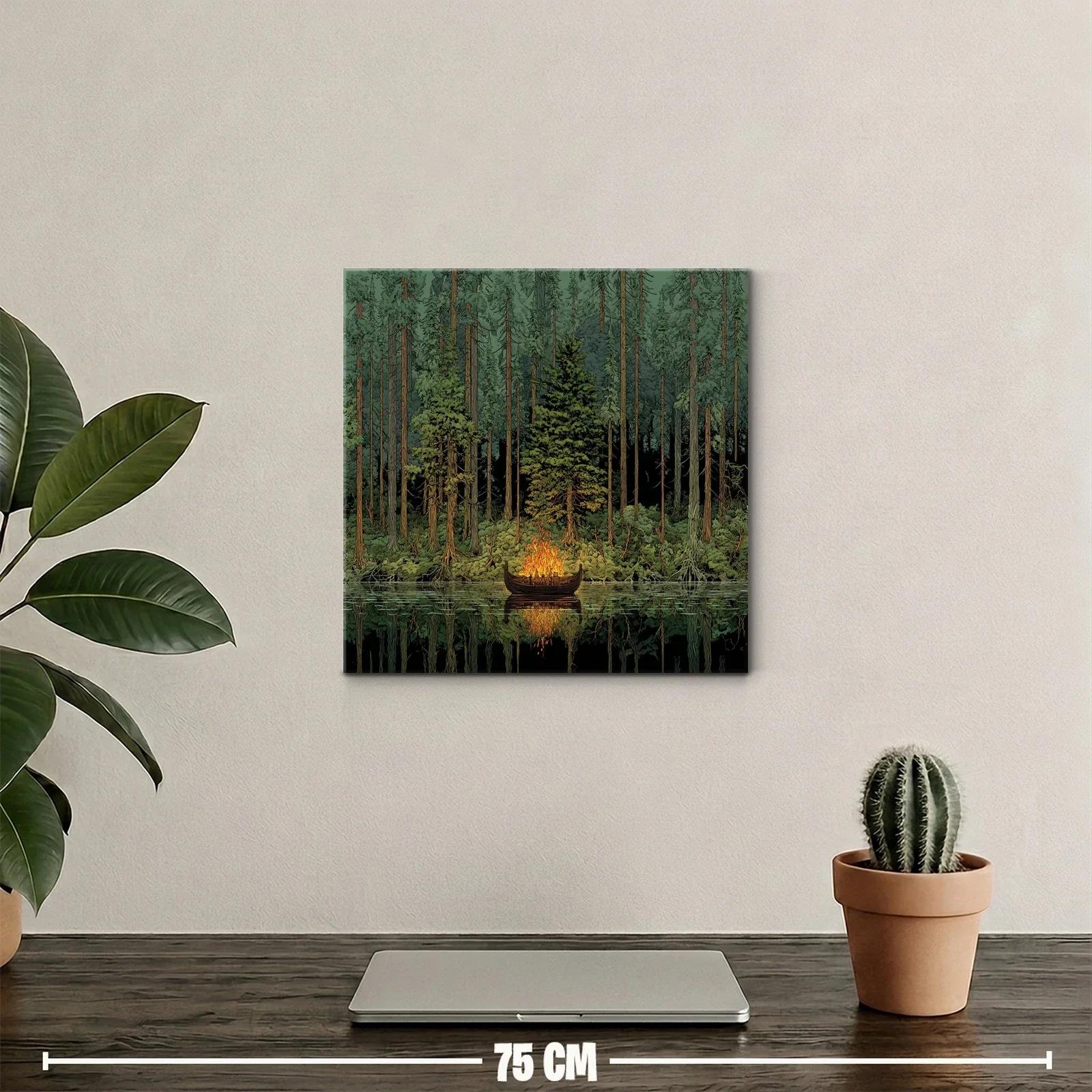 Bosque profundo con barca en fuego sobre agua tranquila — miniatura 2