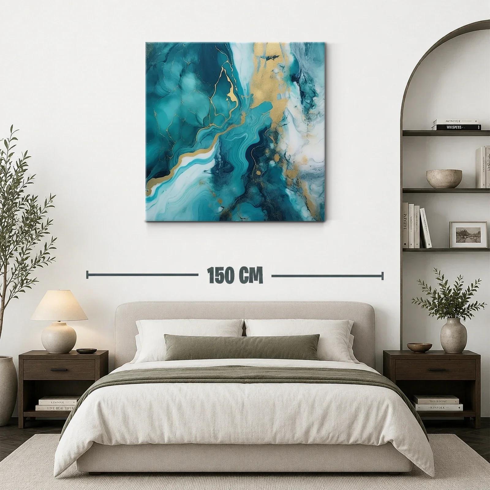 Cuadro abstracto con tonos turquesa y dorado — miniatura 3