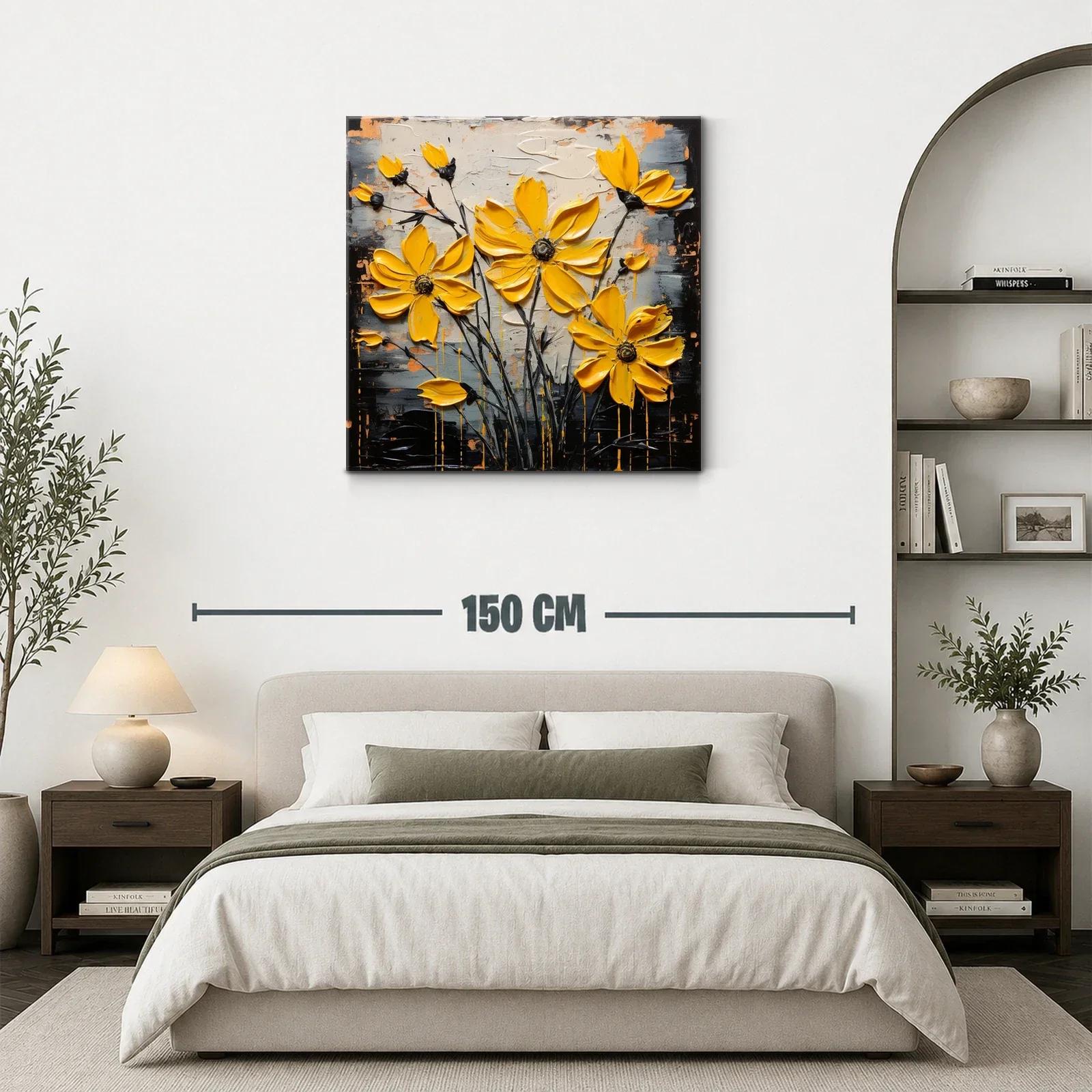 Cuadro moderno con flores amarillas vibrantes y fondo abstracto — miniatura 3