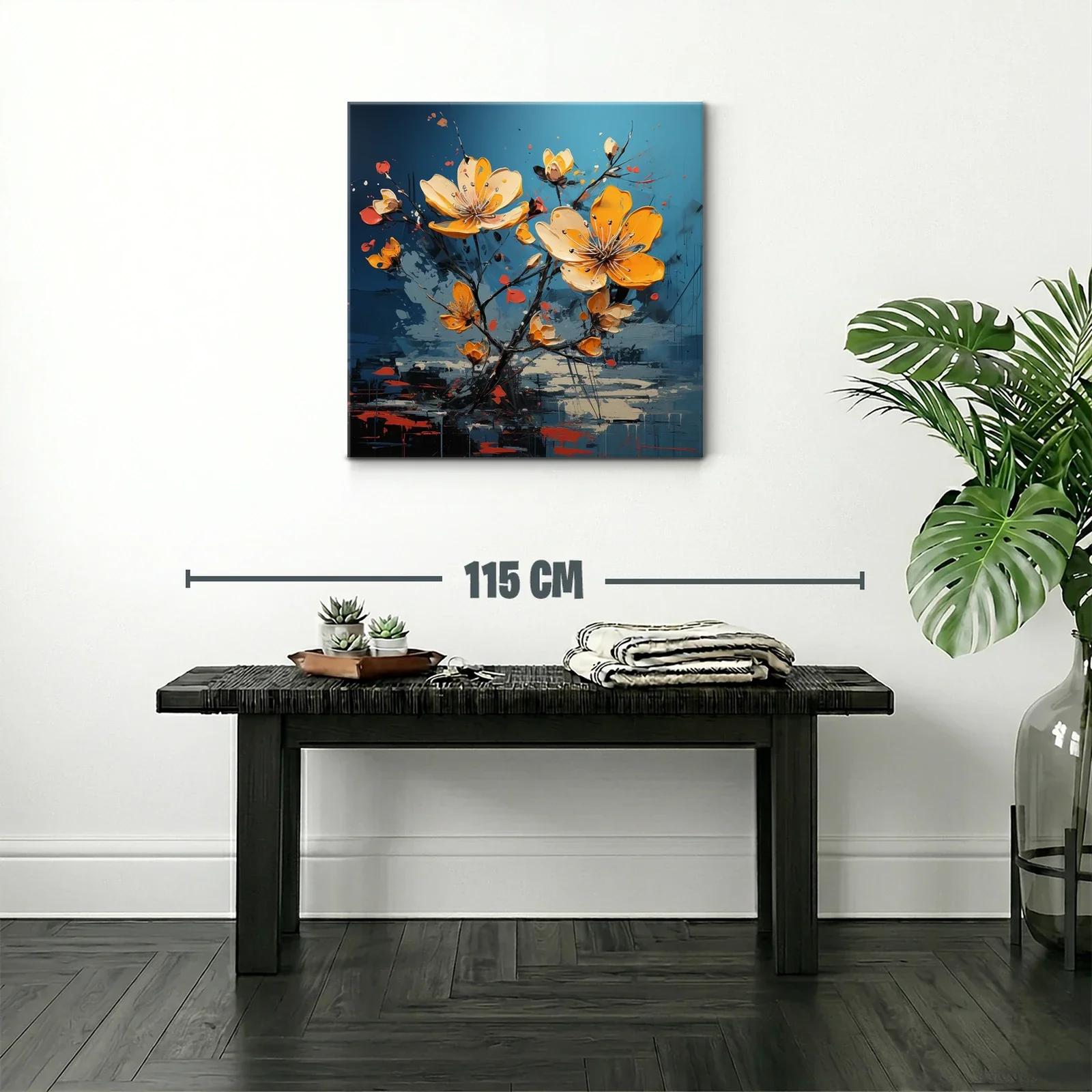 Cuadro floral en vibrantes tonos amarillos y fondo azul — miniatura 2