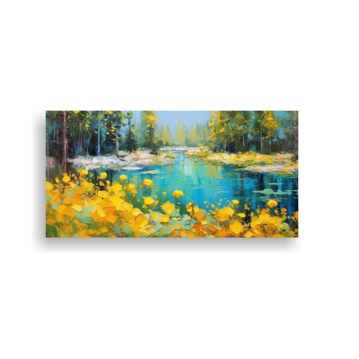 Cuadro estanque en el bosque con orilla de flores amarillas — imagen principal