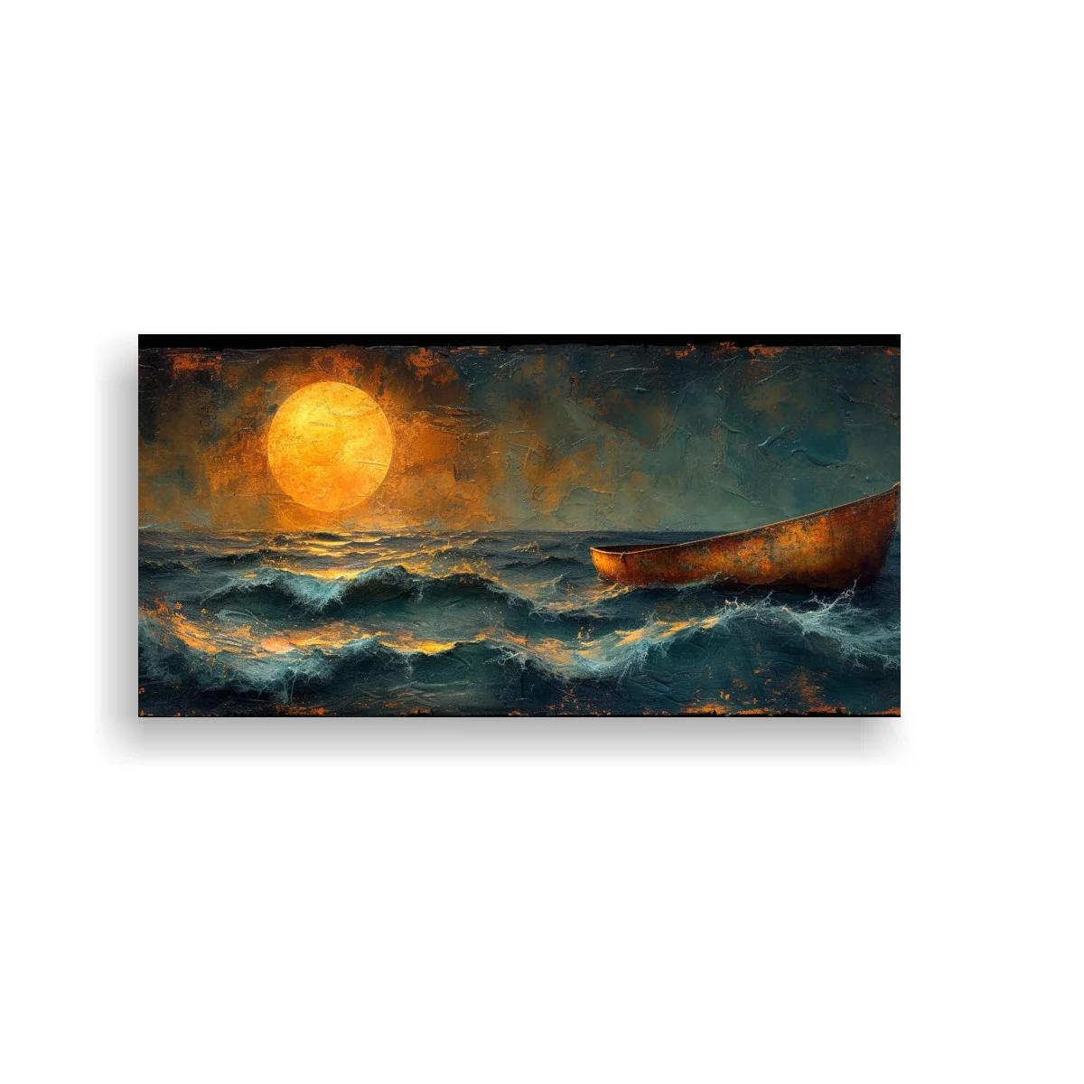 Cuadro bote de remos con luna brillante