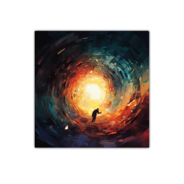 Cuadro artístico de figura caminando hacia la luz intensa