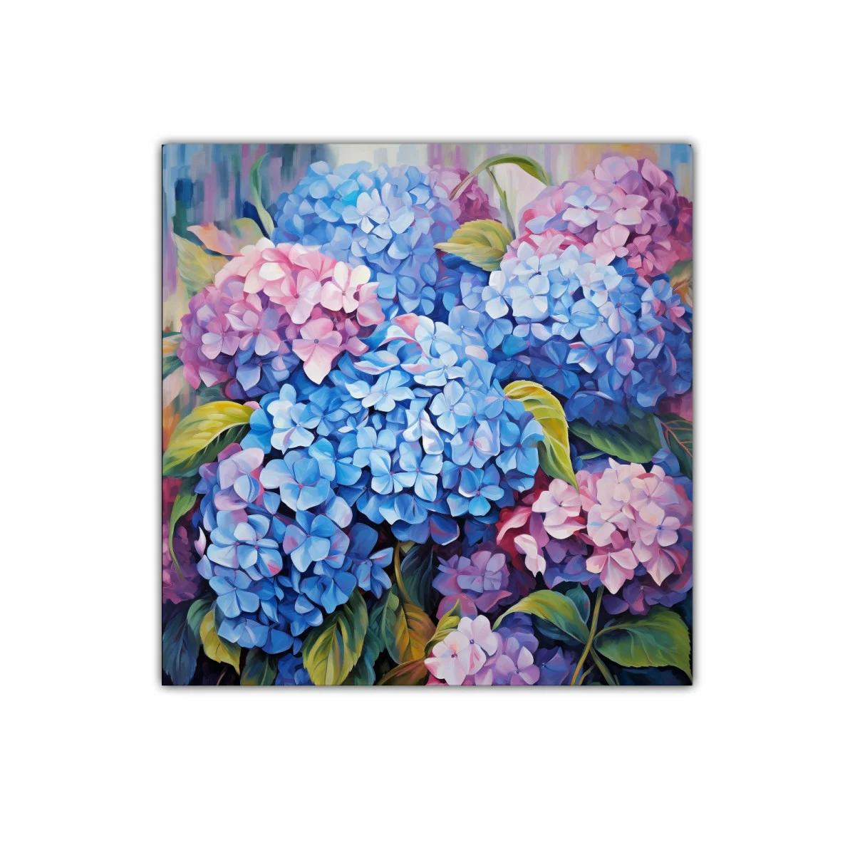 Cuadro decorativo con vibrantes hortensias en tonos azules y rosas — imagen principal