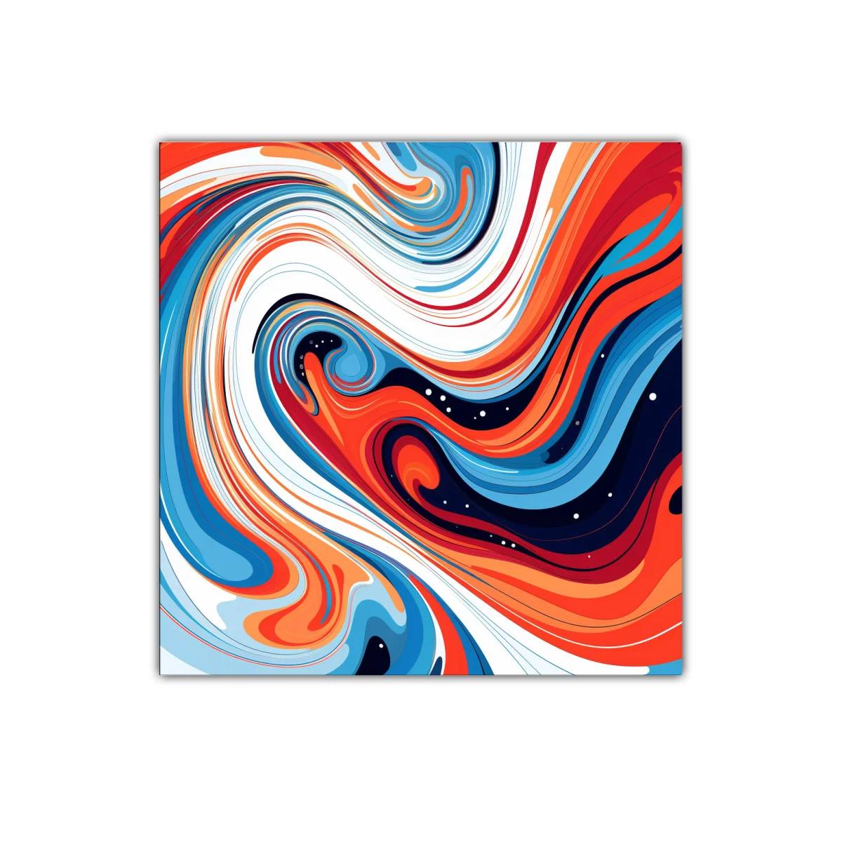 Cuadro abstracto con remolinos en tonos azul y naranja vivo