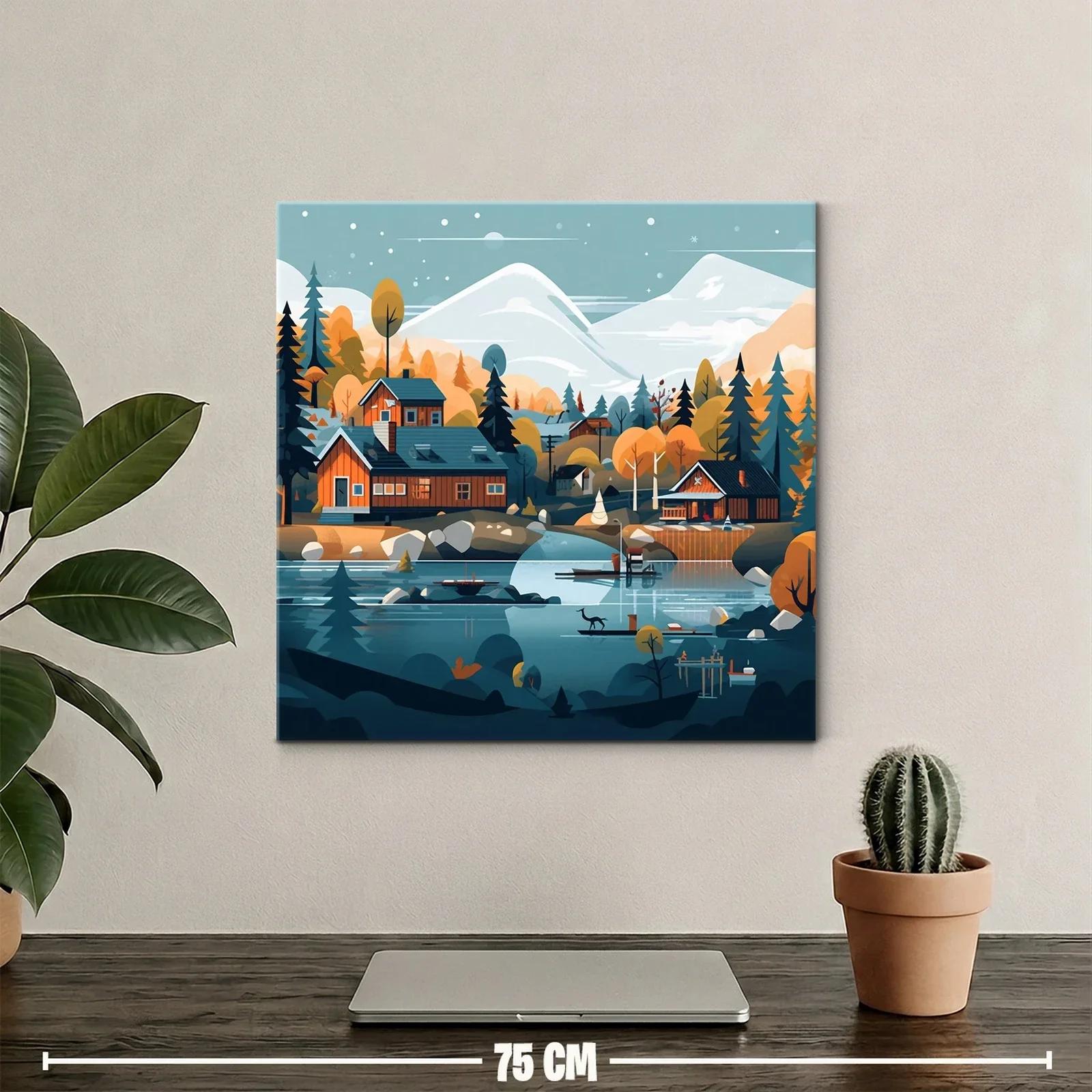 Paisaje sereno de cabañas junto al lago y montañas nevadas — miniatura 2