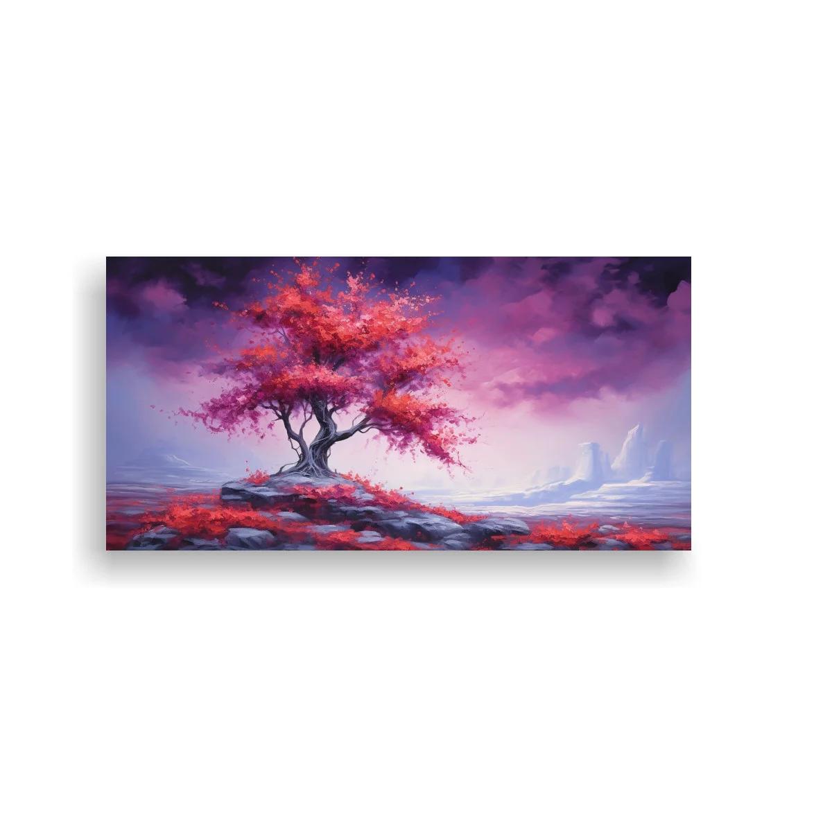 Cuadro árbol rosa solitario sobre paisaje rocoso