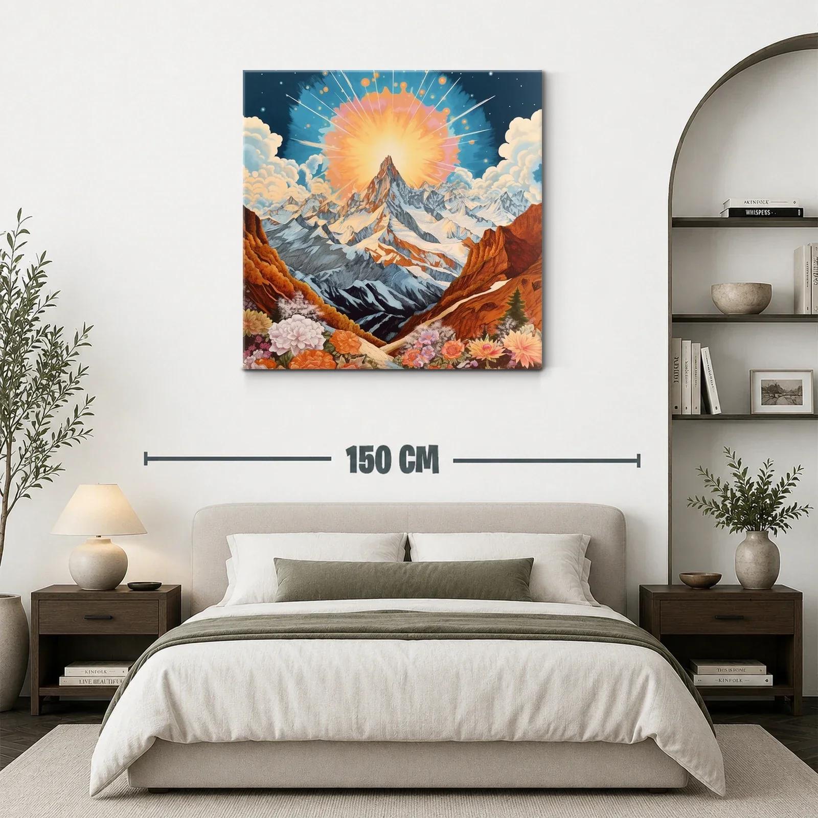Montaña majestuosa con sol radiante y flores vibrantes — miniatura 3