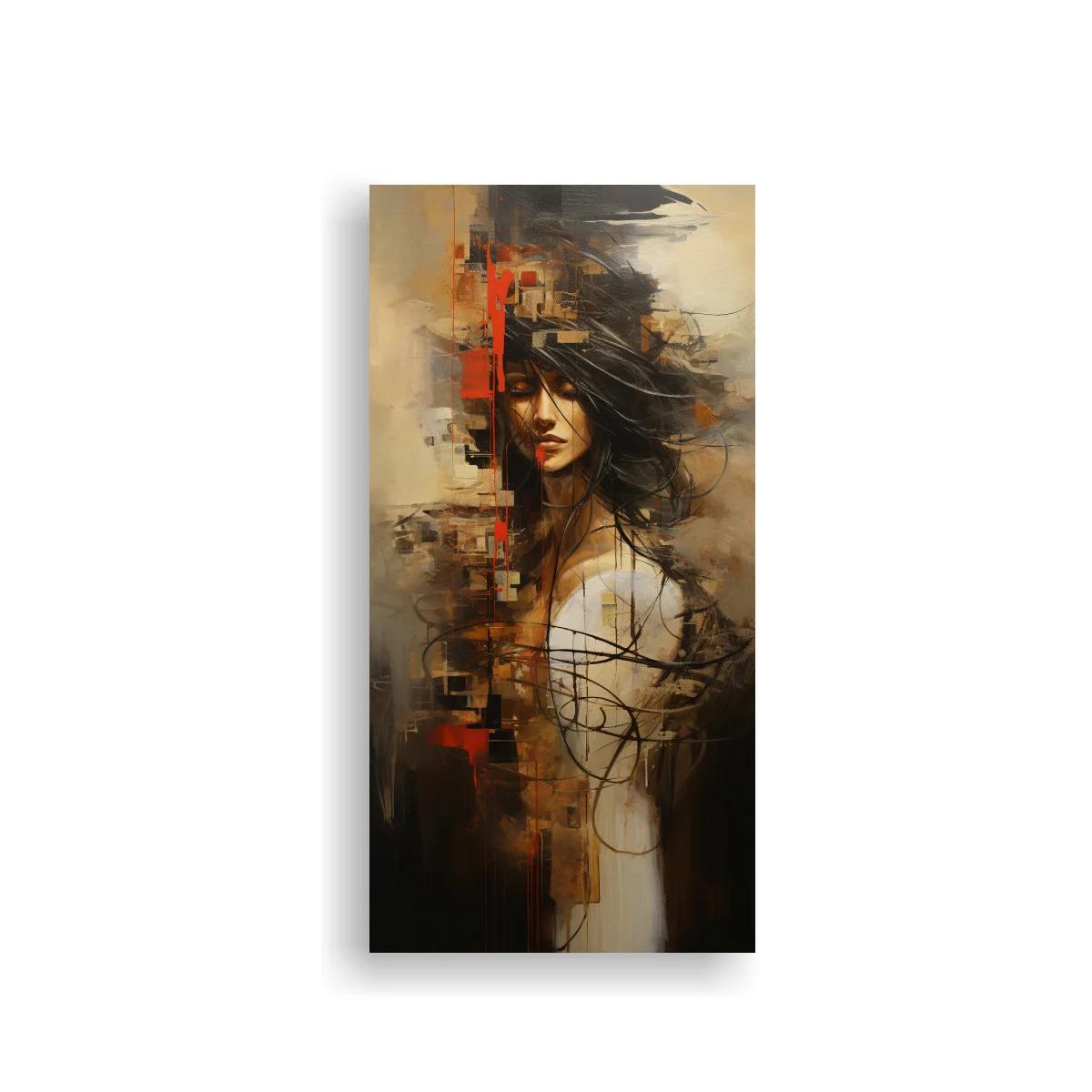 Cuadro retrato de mujer de cabello negro con trazo abstracto