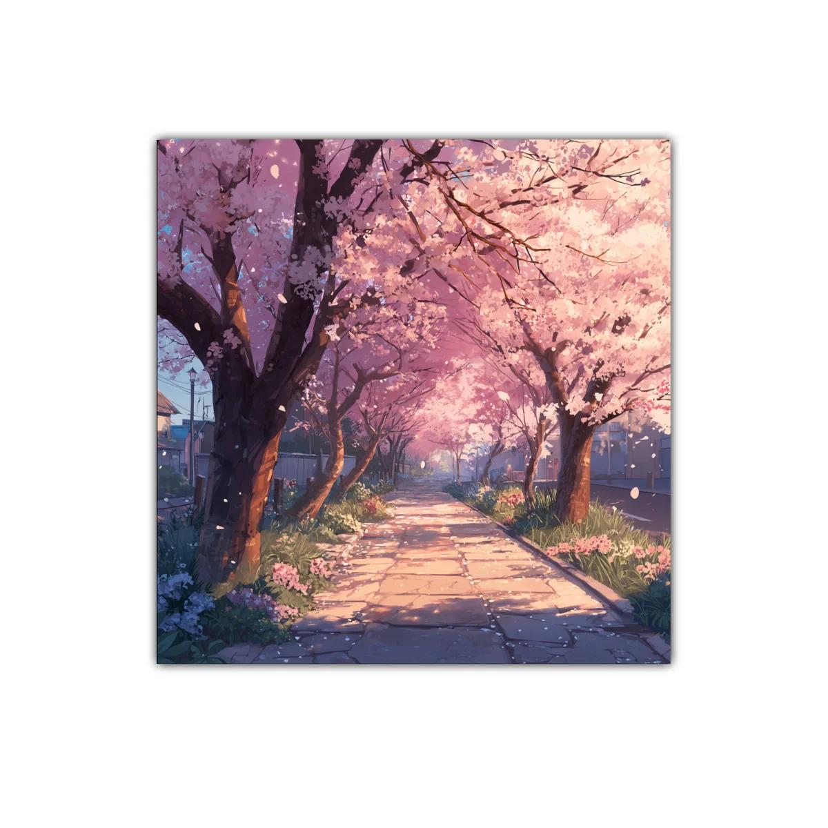 Camino de Cerezos en Flor bajo Luz Suave del Atardecer