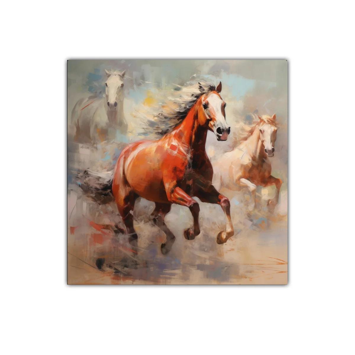 Cuadro de caballos en movimiento con tonos cálidos y suaves — imagen principal