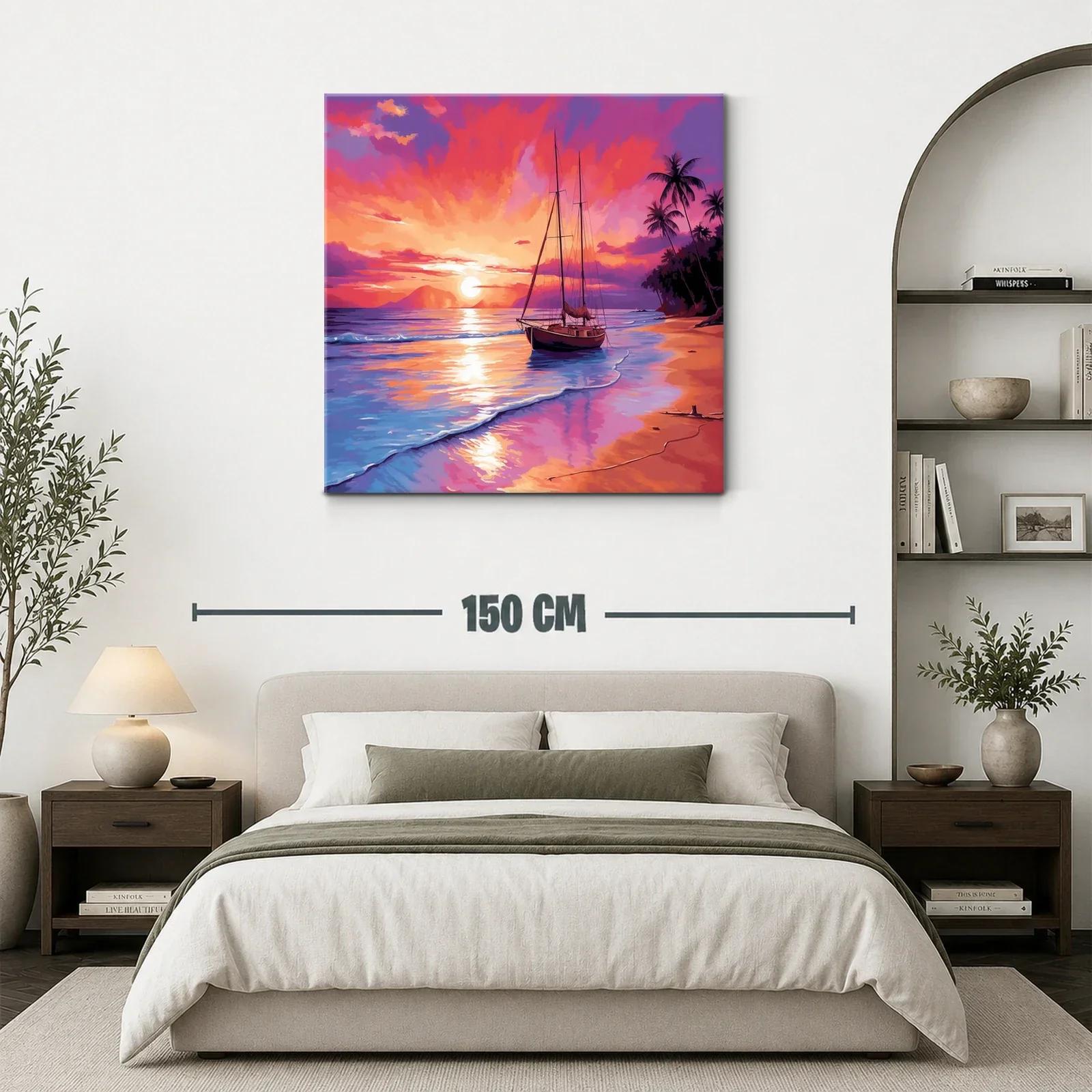 Atardecer vibrante con velero y palmeras en la playa — miniatura 3